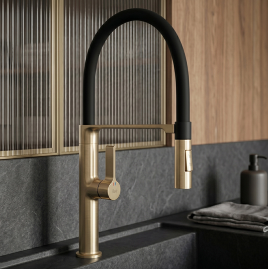 Küchenarmatur Lago Gold Matt mit flexiblem Schwenkauslauf