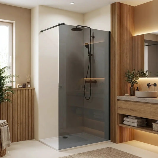 Walk-In Duschwand Flexi grau getöntes Glas Black Matt 80-140 cm