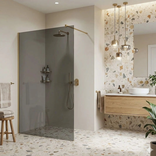Walk-In Duschwand Flexi Gold Matt grau getöntes Glas 80-140cm