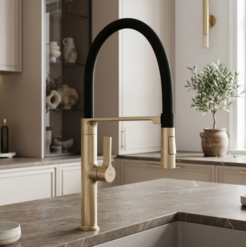 Küchenarmatur Lago Gold Matt mit flexiblem Schwenkauslauf