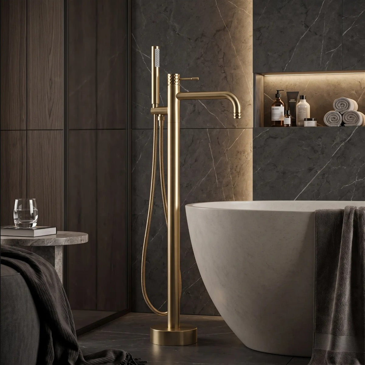 Freistehende Badewannenarmatur Lungo Diamond – Gold Matt