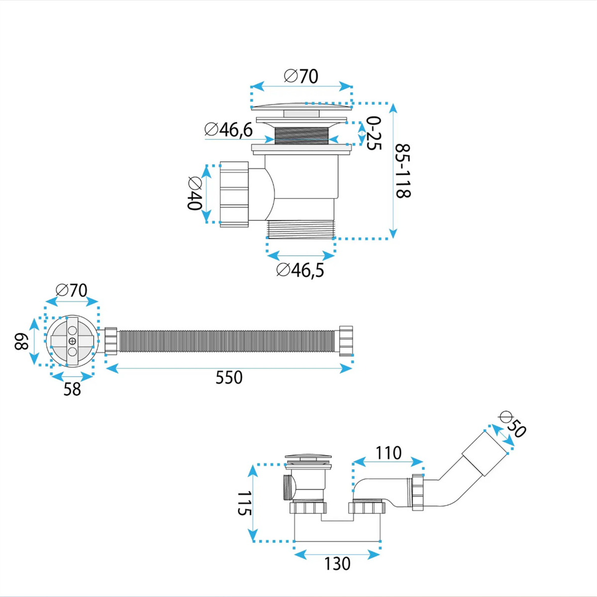 Badewannensiphon Klick-Klack – Kupfer Matt