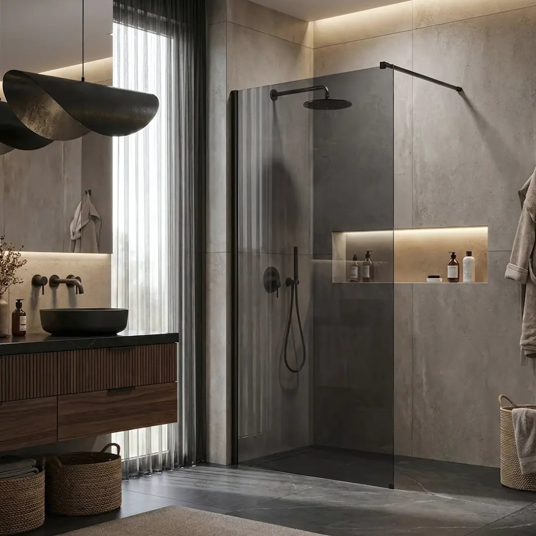 Walk-In Duschwand Flexi grau getöntes Glas Black Matt 80-140 cm