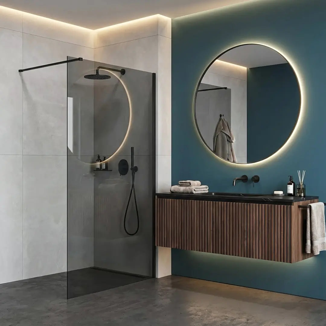 Walk-In Duschwand Flexi grau getöntes Glas Black Matt 80-140 cm