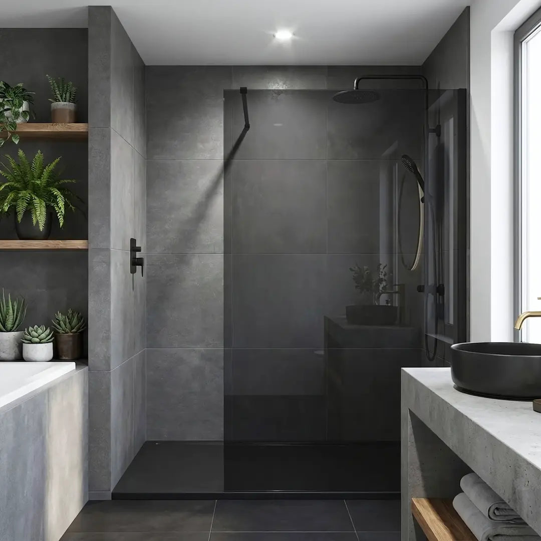 Walk-In Duschwand Flexi grau getöntes Glas Black Matt 80-140 cm