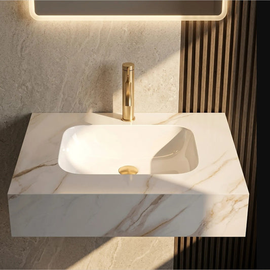 Wandwaschbecken Aresa Grau Gold 70 × 50 cm – Weiß Steinoptik