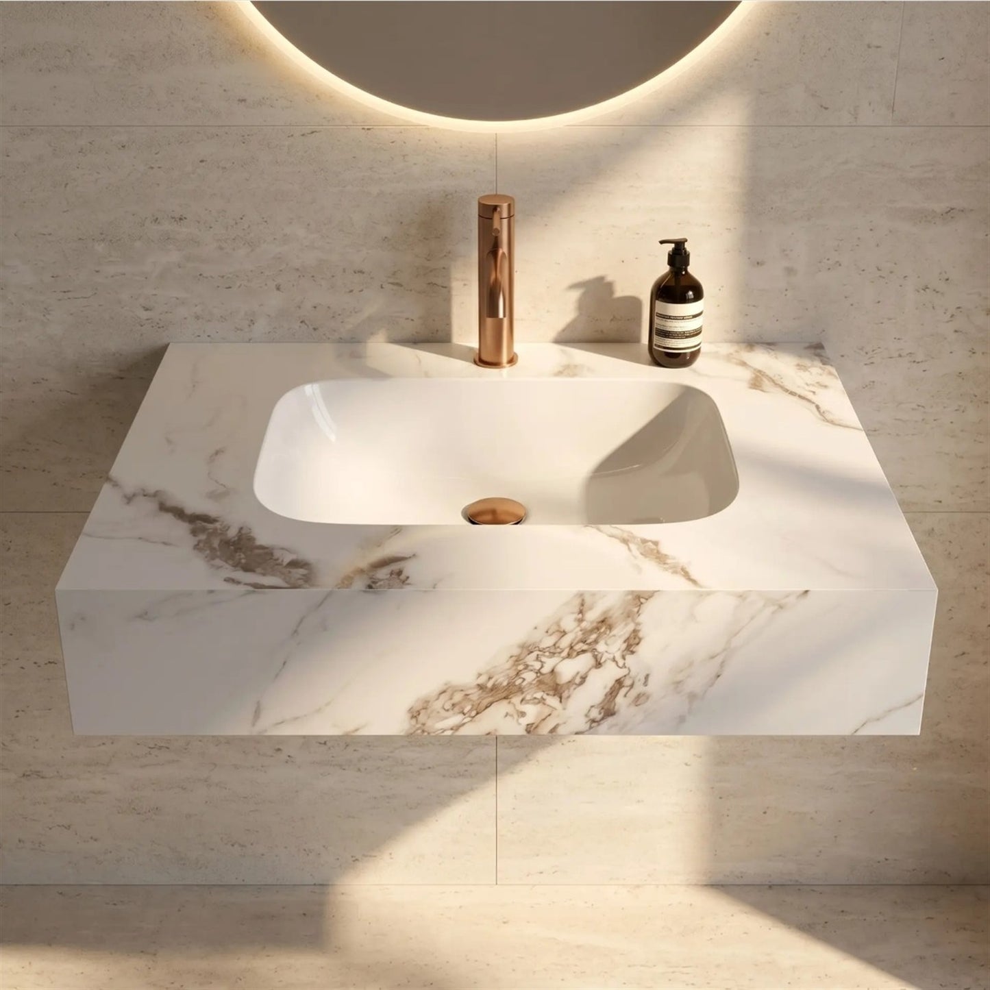 Wandwaschbecken Aresa Cold Jade 70 × 50 cm – Weiß Steinoptik