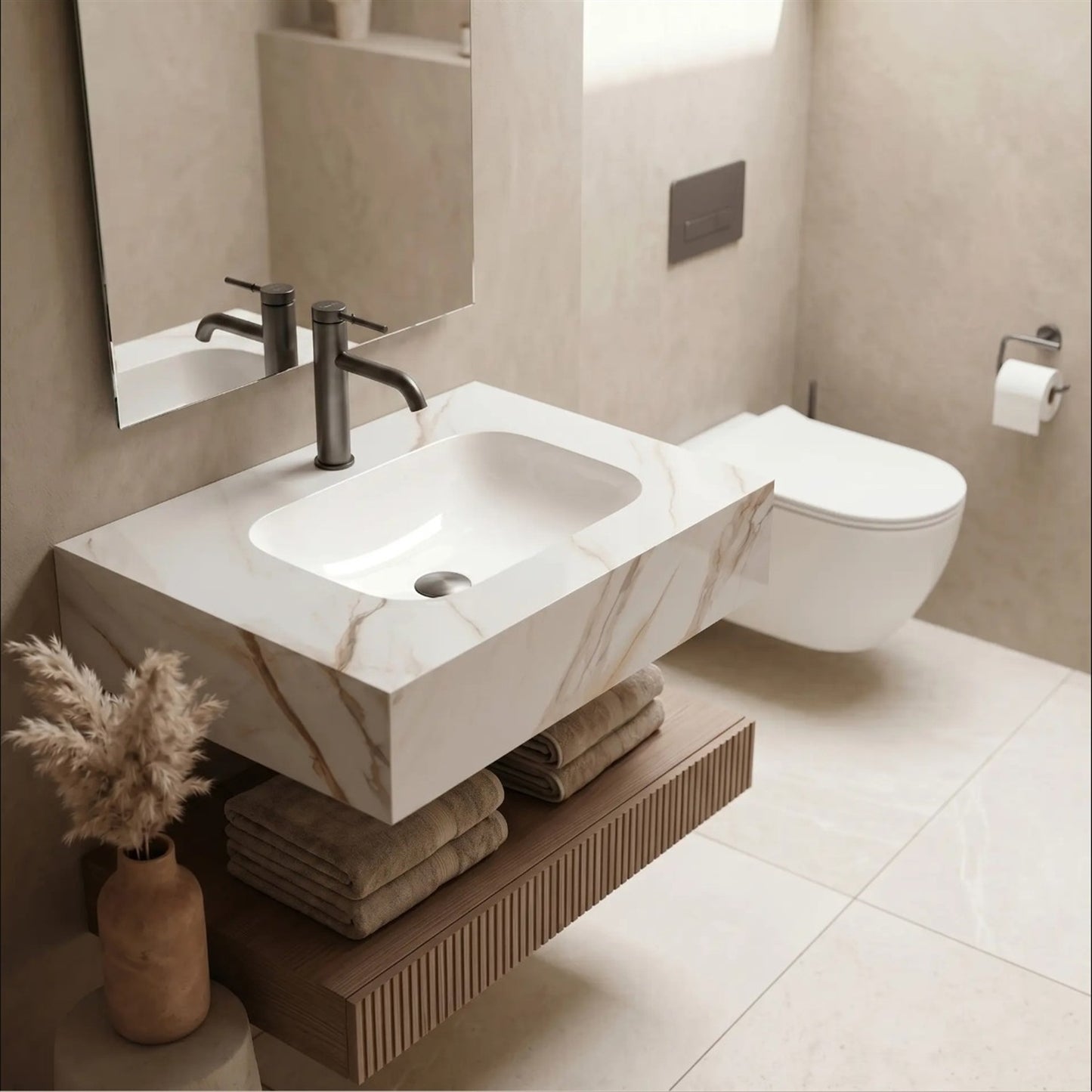 Wandwaschbecken Aresa Grau Gold 70 × 50 cm – Weiß Steinoptik