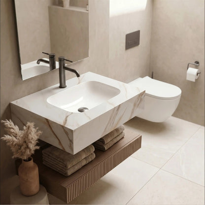 Wandwaschbecken Aresa Grau Gold 70 × 50 cm – Weiß Steinoptik
