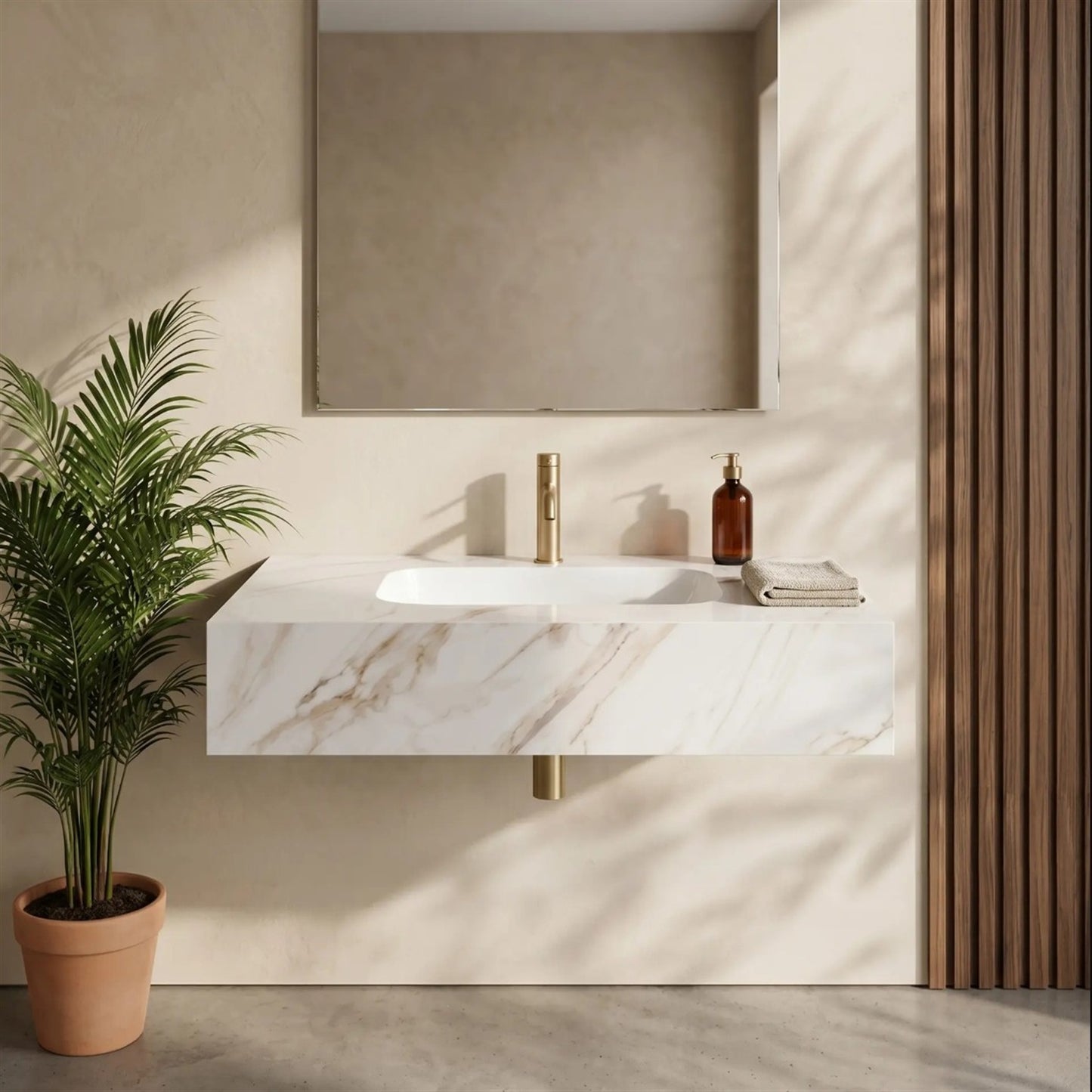 Wandwaschbecken Aresa Grau Gold 80 × 50 cm – Weiß Steinoptik