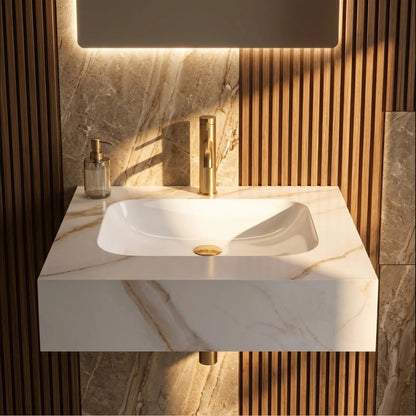 Wandwaschbecken Aresa Grau Gold 60 × 50 cm – Weiß Steinoptik