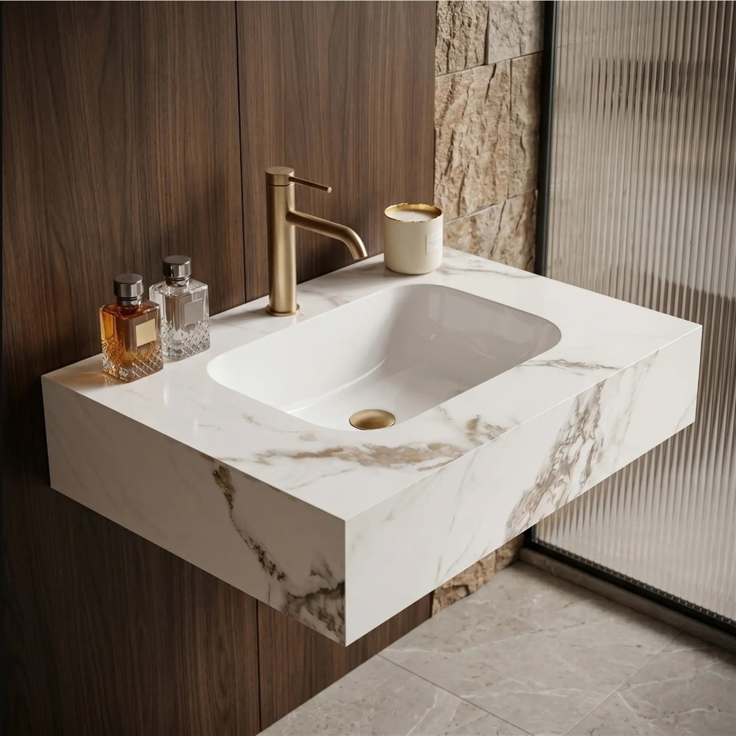 Wandwaschbecken Aresa Cold Jade 70 × 50 cm – Weiß Steinoptik