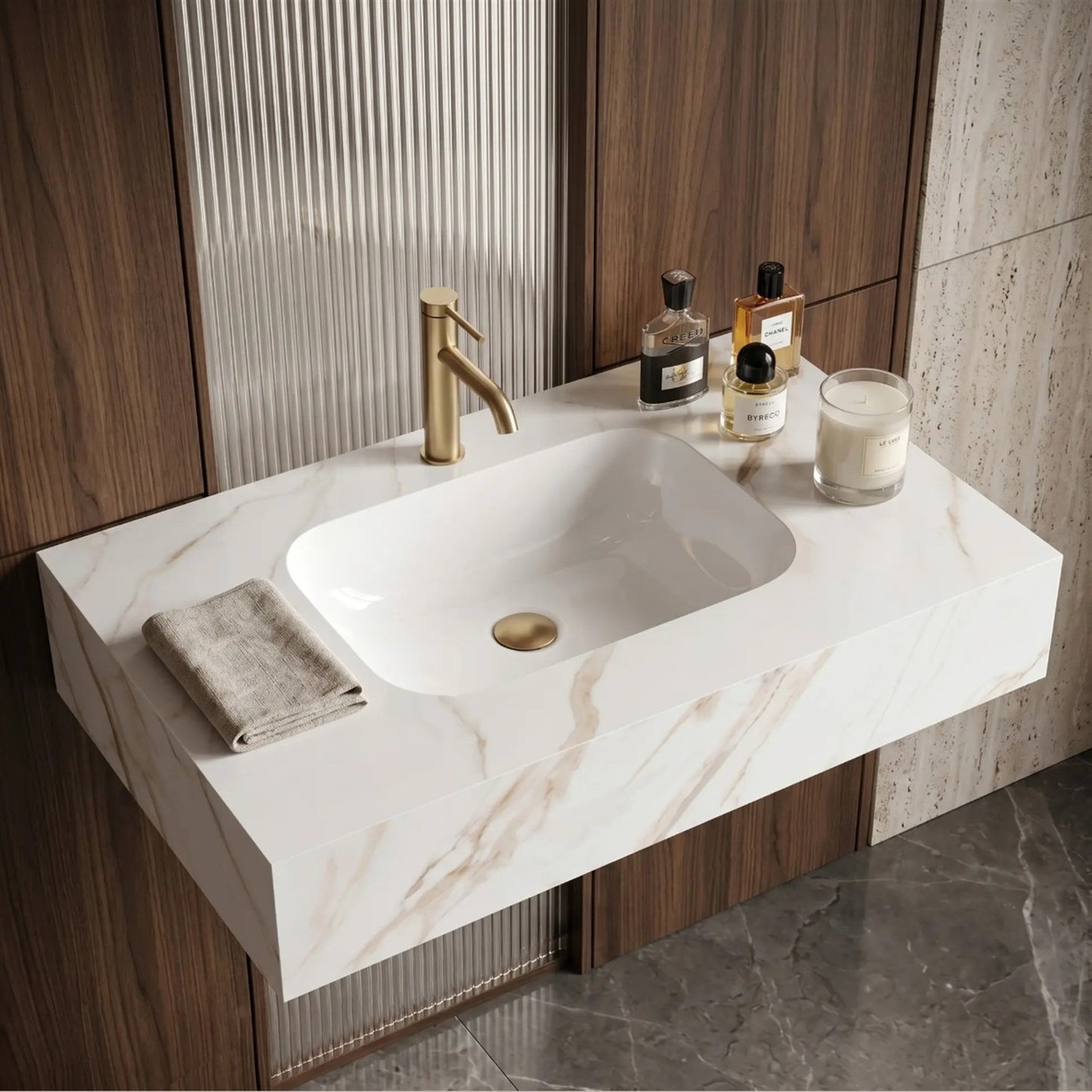 Wandwaschbecken Aresa Grau Gold 80 × 50 cm – Weiß Steinoptik