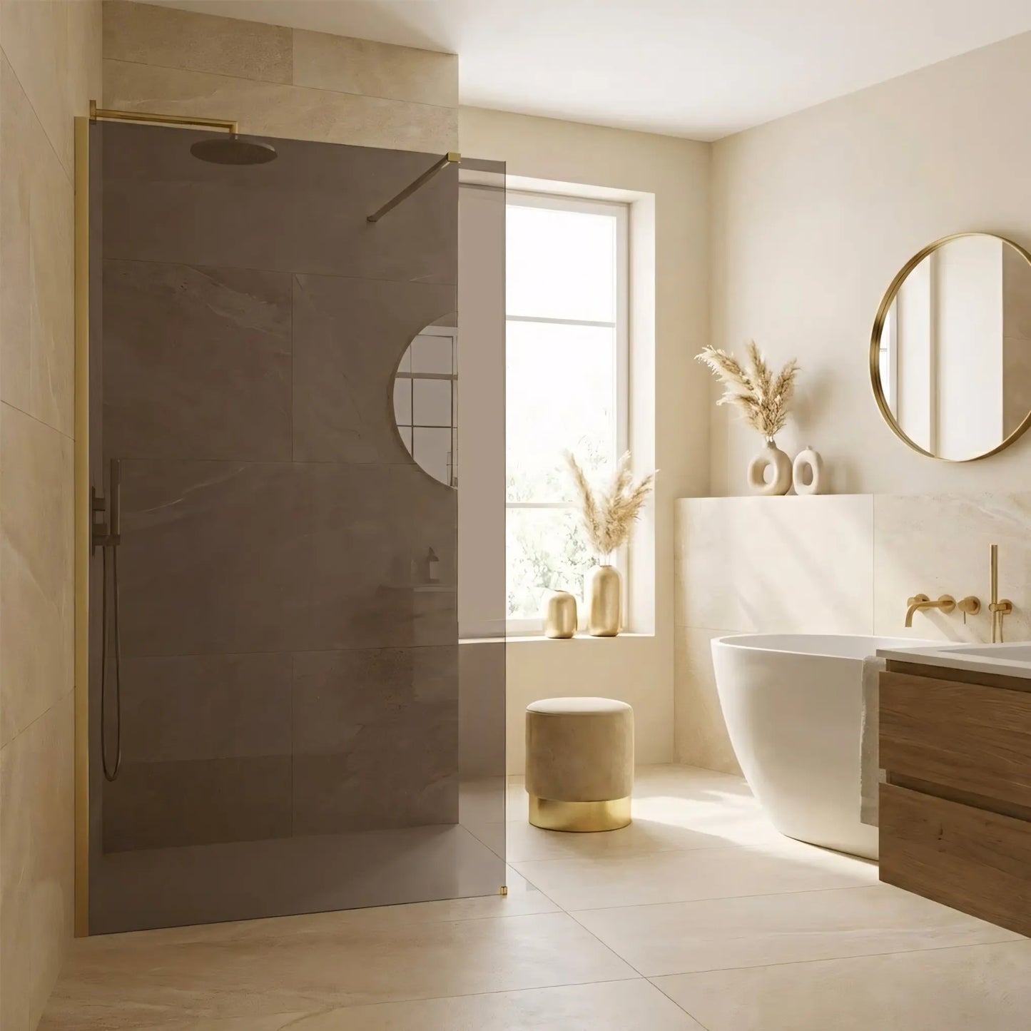 Walk-In Duschwand Flexi Gold Matt braun getöntes Glas 80-140cm