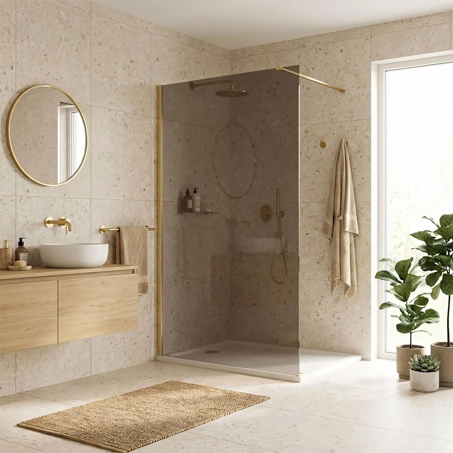 Walk-In Duschwand Flexi Gold Matt braun getöntes Glas 80-140cm