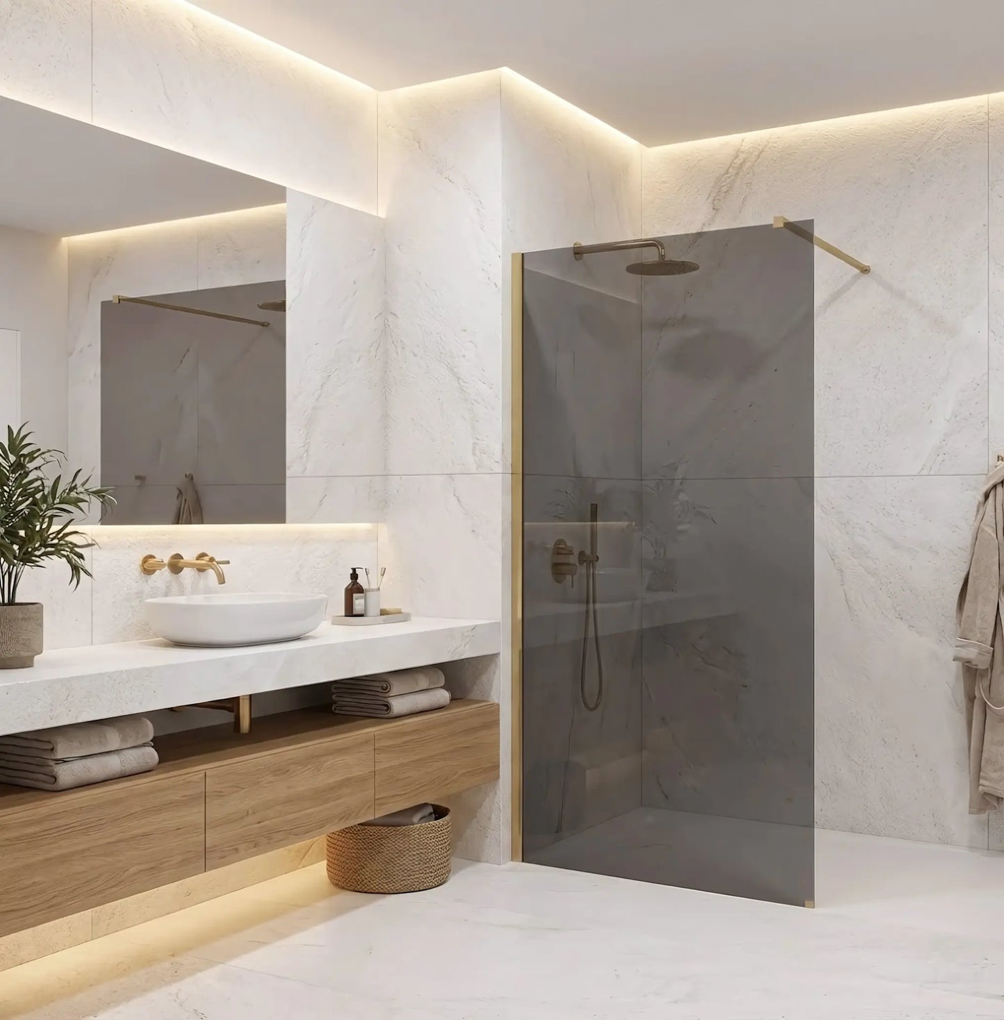 Walk-In Duschwand Flexi Gold Matt grau getöntes Glas 80-140cm