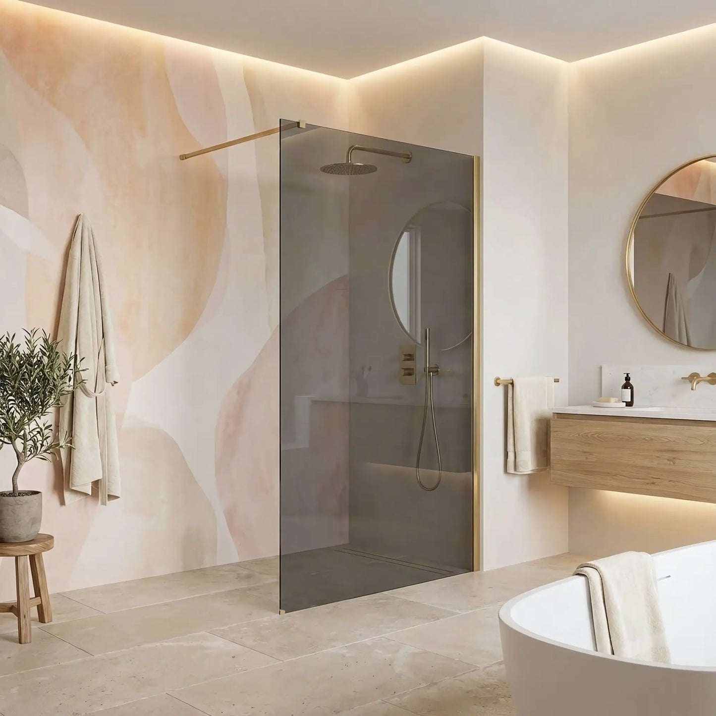 Walk-In Duschwand Flexi Gold Matt grau getöntes Glas 80-140cm