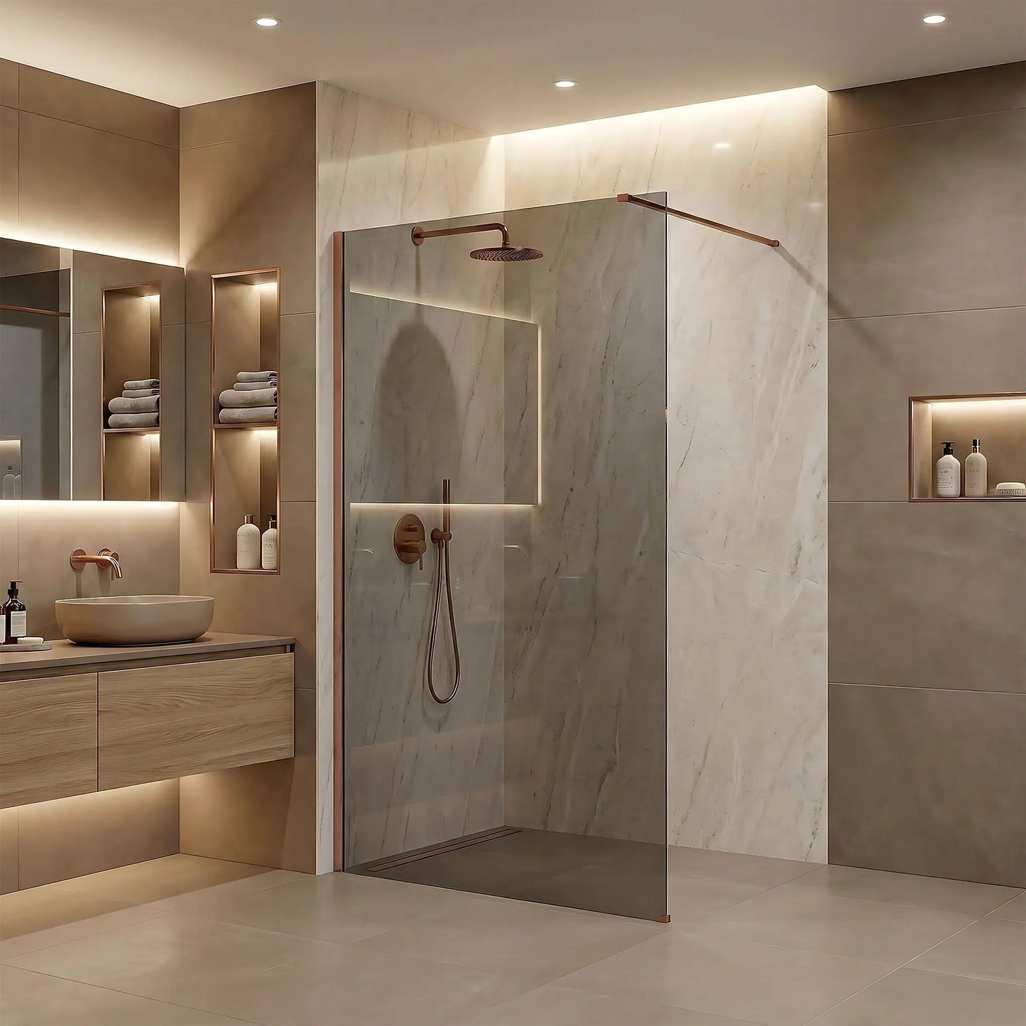 Walk-In Duschwand Flexi Kupfer Matt grau getöntes Glas 80-140cm