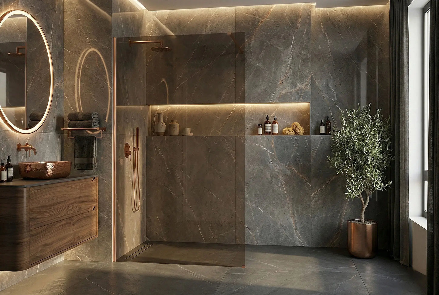 Walk-In Duschwand Flexi Kupfer Matt braun getöntes Glas 80-140cm